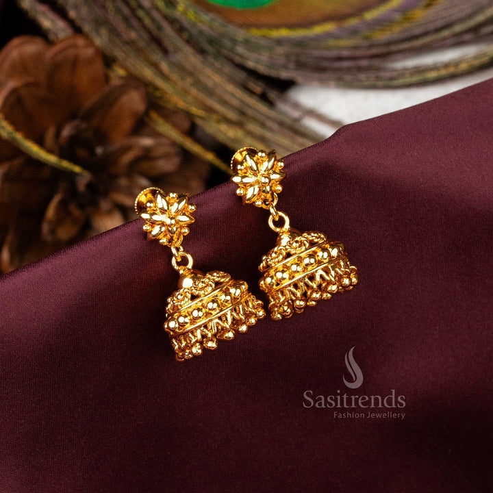 Luxurious resplendent high polish micro gold plated Kerala bridal jhumkas exuding timeless traditional glamour - Sasitrends