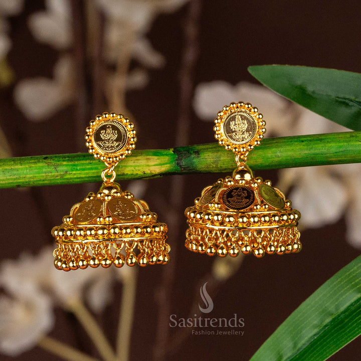 Royal regal broad micro gold plated Kerala style temple jhumkas designed with artistic detailing for an opulent touch - Sasitrends