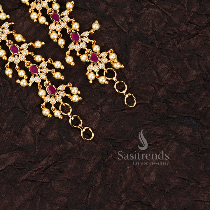Adorn yourself with this gorgeous micro gold-plated pearl matil ear chain, featuring exquisite AD stones - Sasitrends