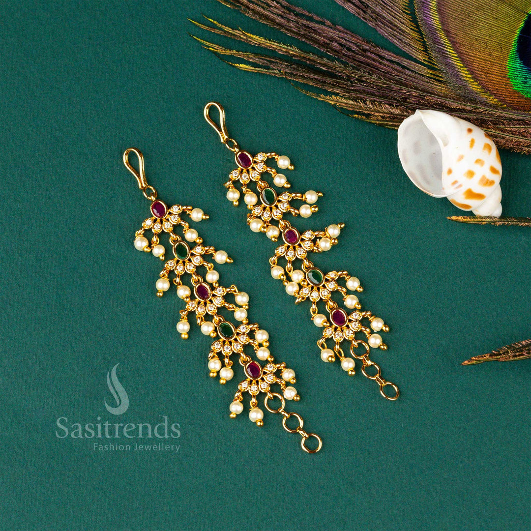 Elegant Micro Gold Plated AD Stone Pearl Matil Ear Chain Sasitrends