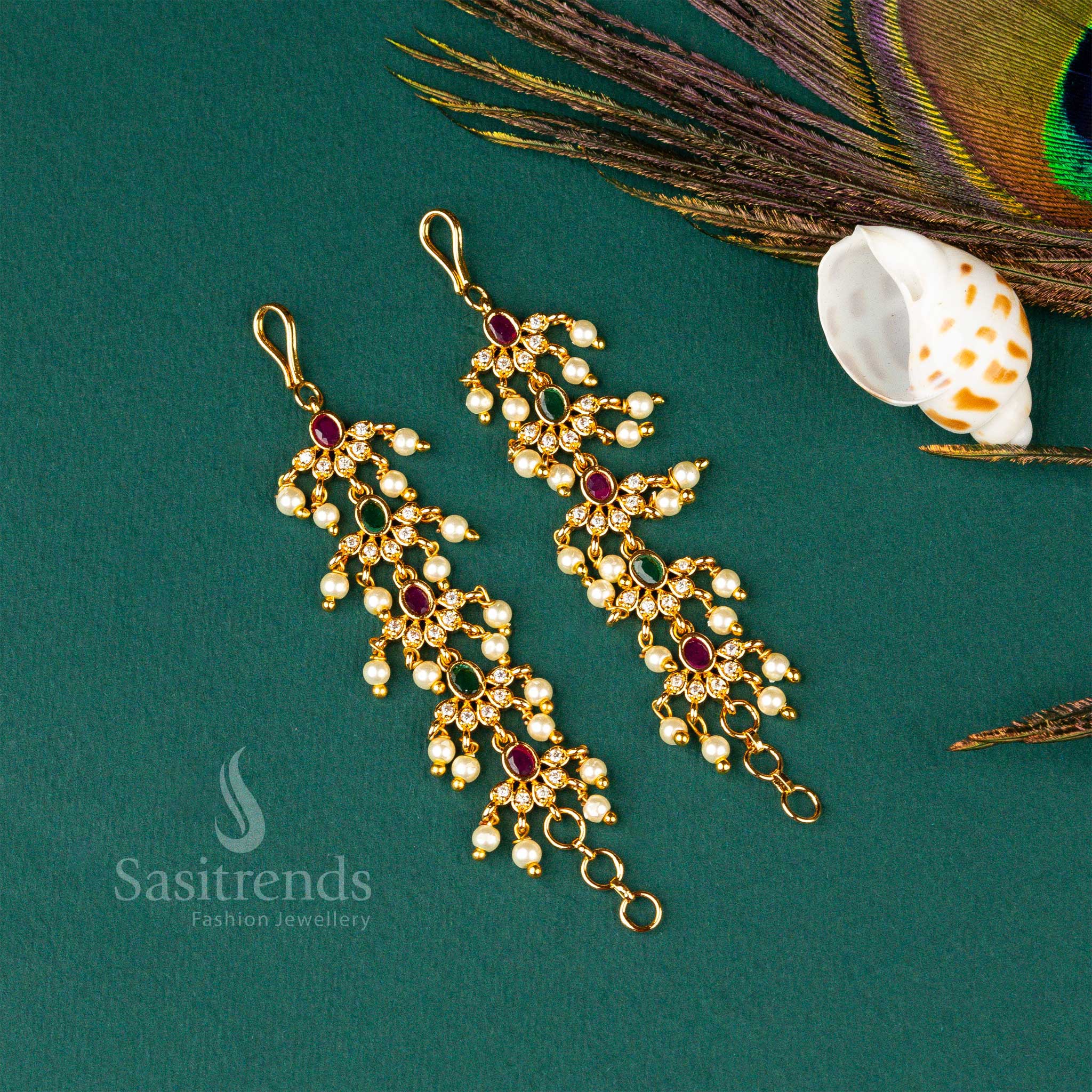 Adorn yourself with this gorgeous micro gold-plated pearl matil ear chain, featuring exquisite AD stones - Sasitrends