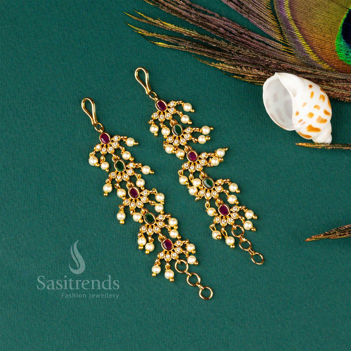Elegant Micro Gold Plated AD Stone Pearl Matil Ear Chain - Sasitrends