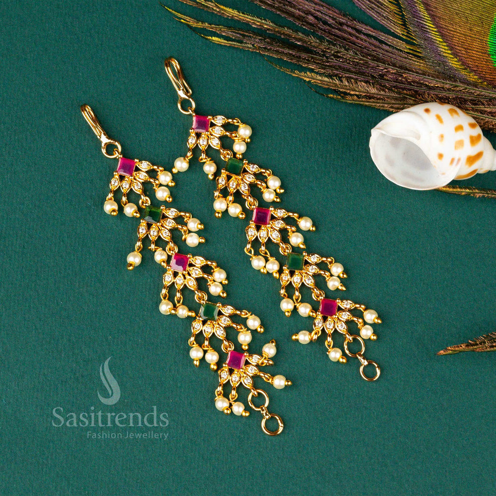 A royal ethnic micro gold-plated AD stone pearl matil ear chain, designed for classic bridal elegance - Sasitrends