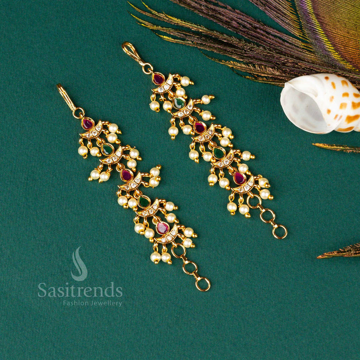 This stunning fashionable micro gold-plated AD stone pearl matil ear chain is inspired by fine temple jewellery designs - Sasitrends