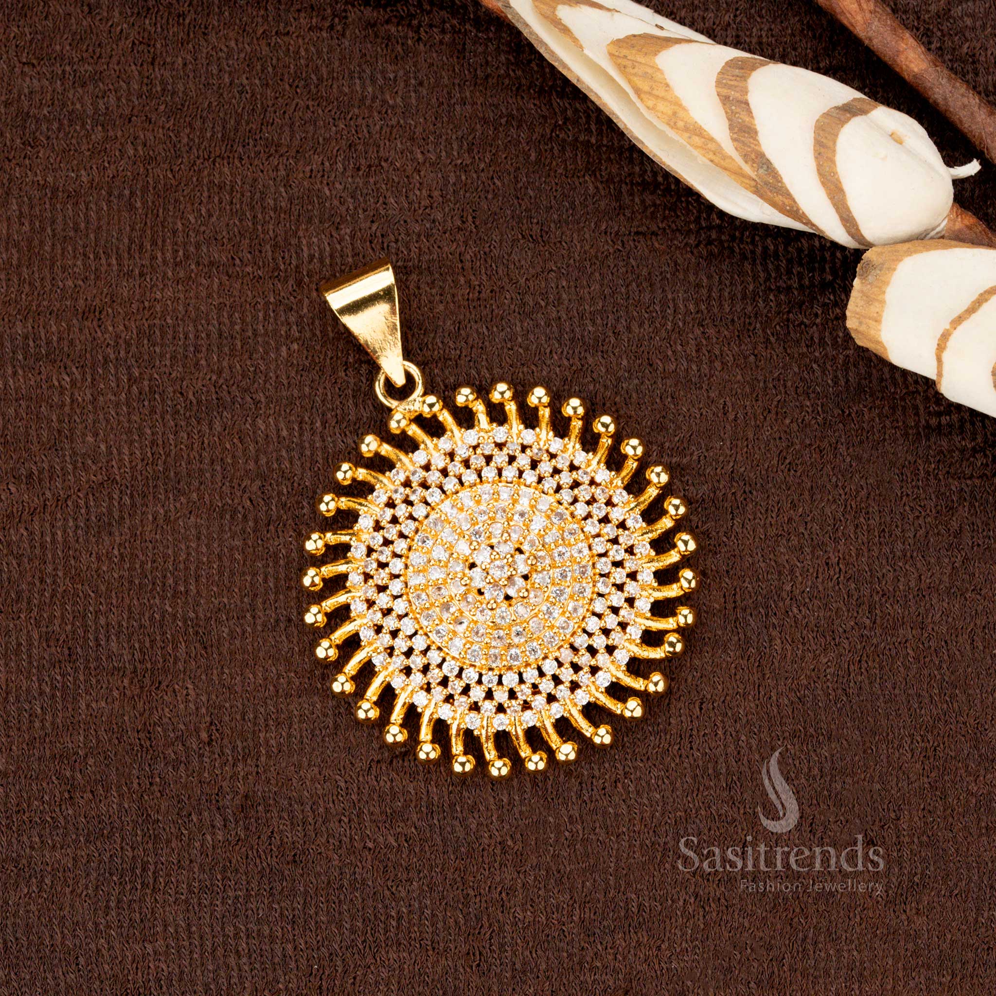 Radiant bridal one-gram gold-plated Chakara pendant adorned with sparkling white AD stones, perfect for wedding and festive wear - Sasitrends