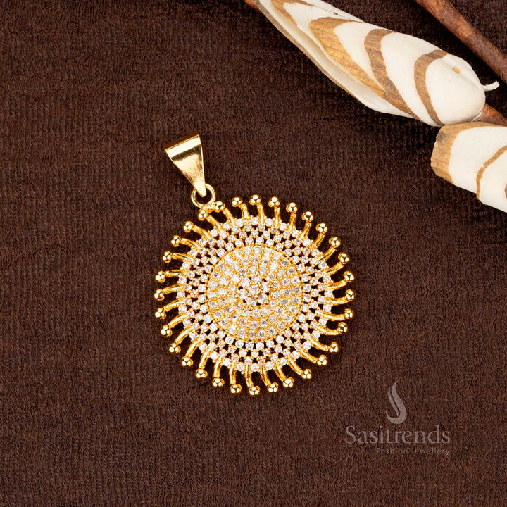 Radiant bridal one-gram gold-plated Chakara pendant adorned with sparkling white AD stones, perfect for wedding and festive wear - Sasitrends