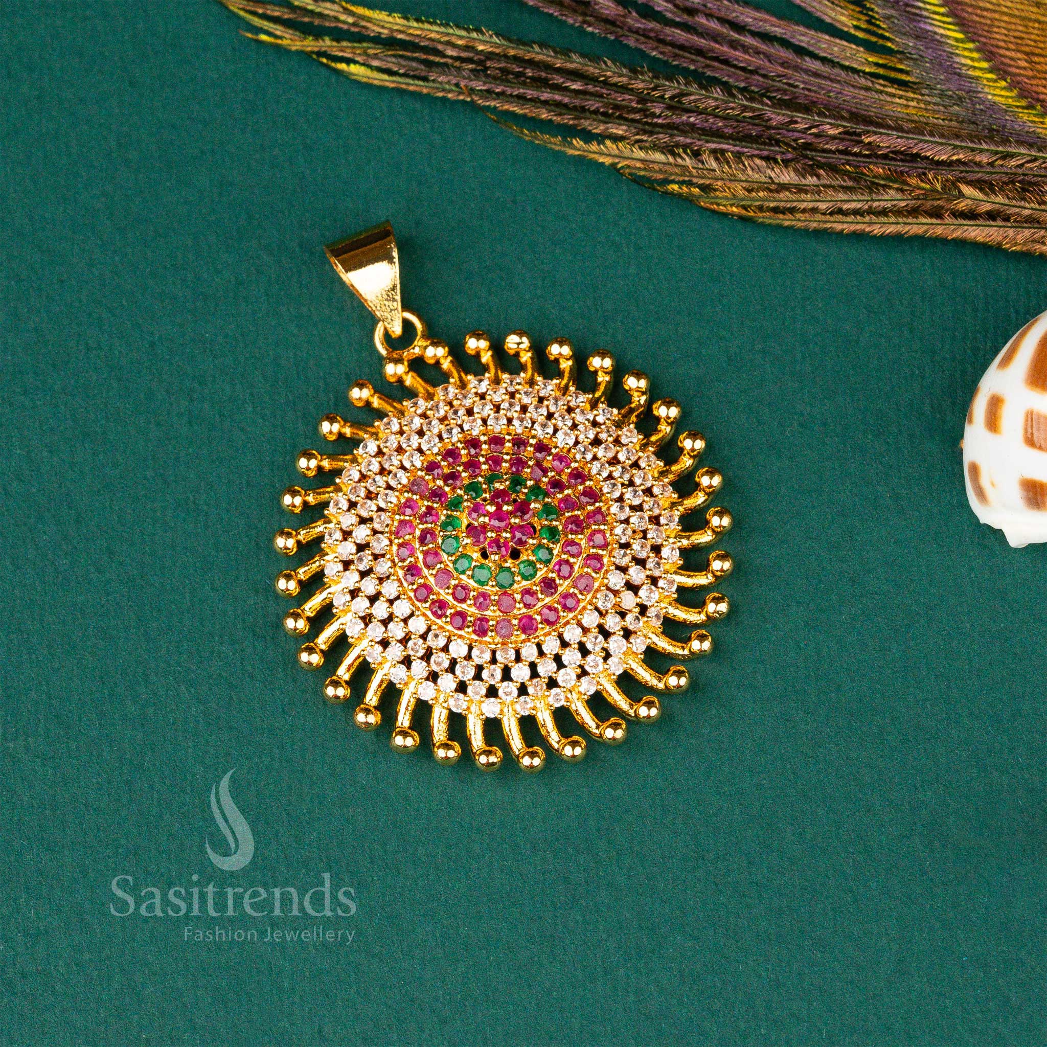 ibrant multi-colored micro gold-plated AD stone pendant designed for traditional occasions, offering a fashionable ethnic statement jewellery - Sasitrends
