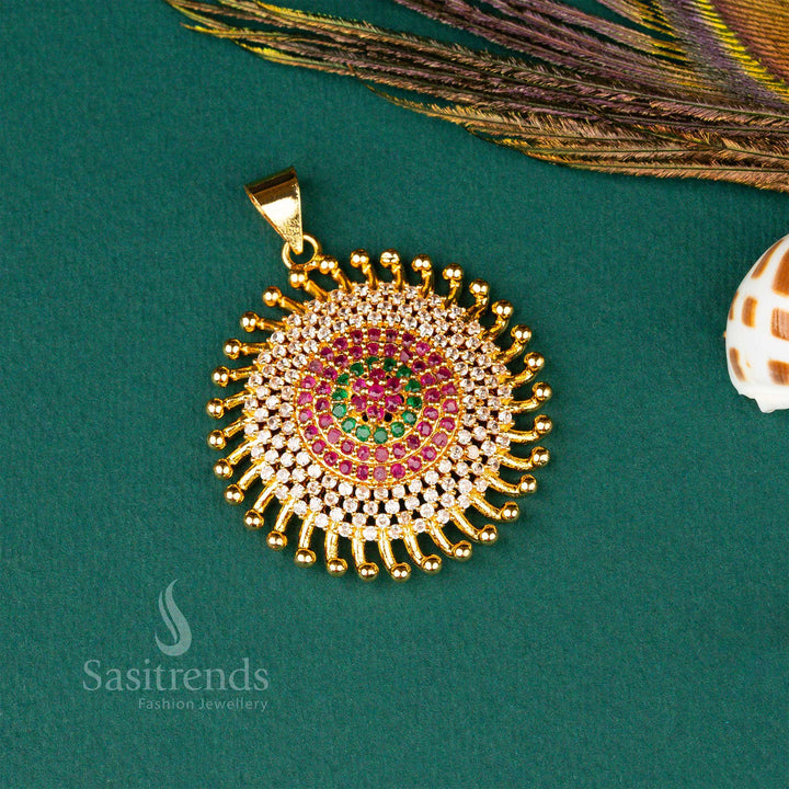 ibrant multi-colored micro gold-plated AD stone pendant designed for traditional occasions, offering a fashionable ethnic statement jewellery - Sasitrends