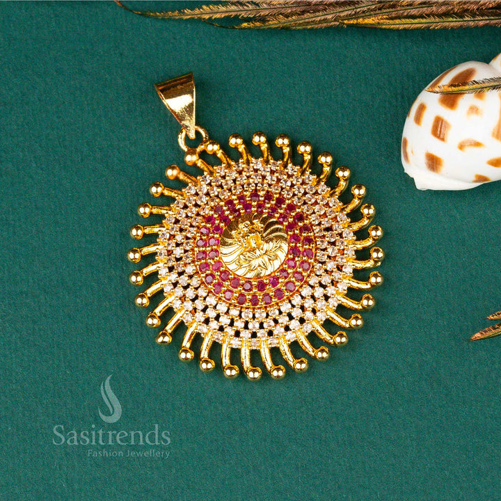 Divine elegance with this exquisite stunning micro gold-plated Lakshmi pendant, adorned with sparkling AD stones and beautifully crafted white-ruby accents - Sasitrends