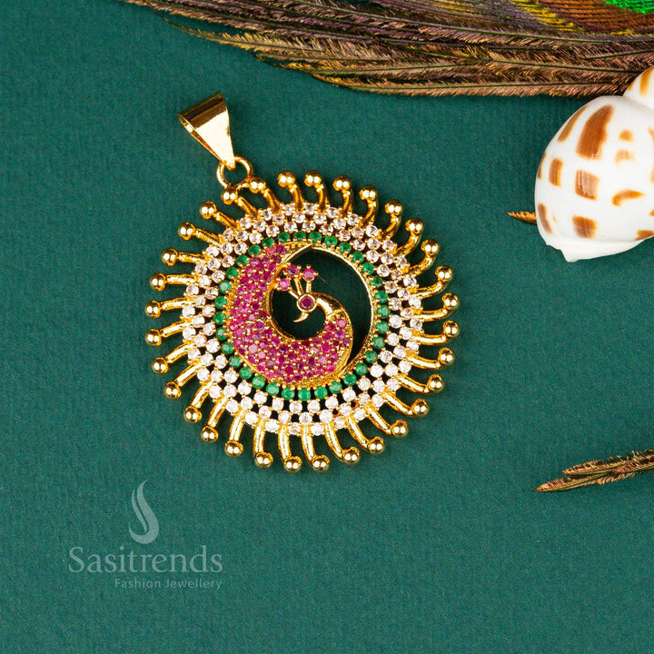 A stunning multi-coloured micro gold-plated peacock pendant, adorned with sparkling AD stones - Sasitrends