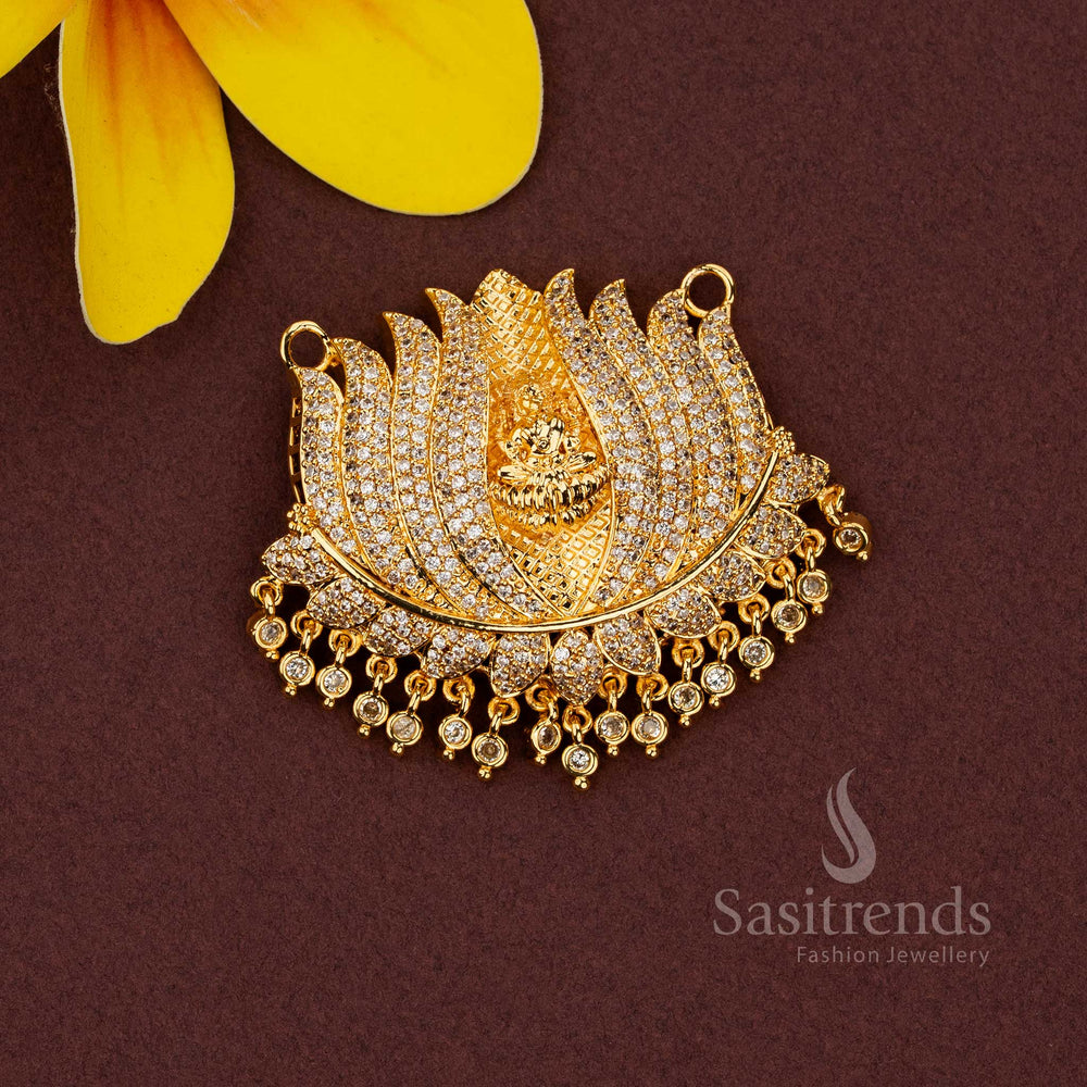 Premium one gram 24k micro gold plated Lakshmi lotus temple pendant with white AD stones, handcrafted rich bridal wedding jewellery with high-quality detailing and traditional design - Sasitrends 