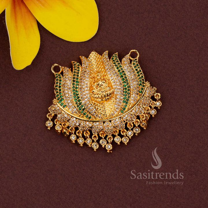 Traditional South Indian temple jewellery pendant featuring Goddess Lakshmi in a lotus motif, white green stones, CZ diamonds, micro gold plating, and premium luxurious craftsmanship for bridal wear - Sasitrends