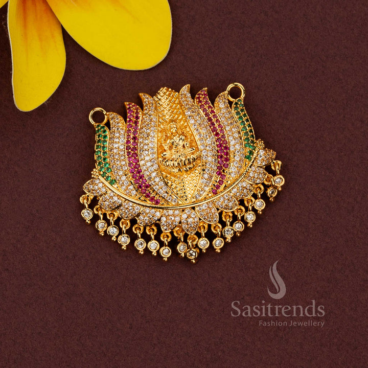 Guaranteed Real Gold Look 24K Micro Gold Plated Lakshmi Lotus Motif Temple Pendant with Sparkling AD Stone