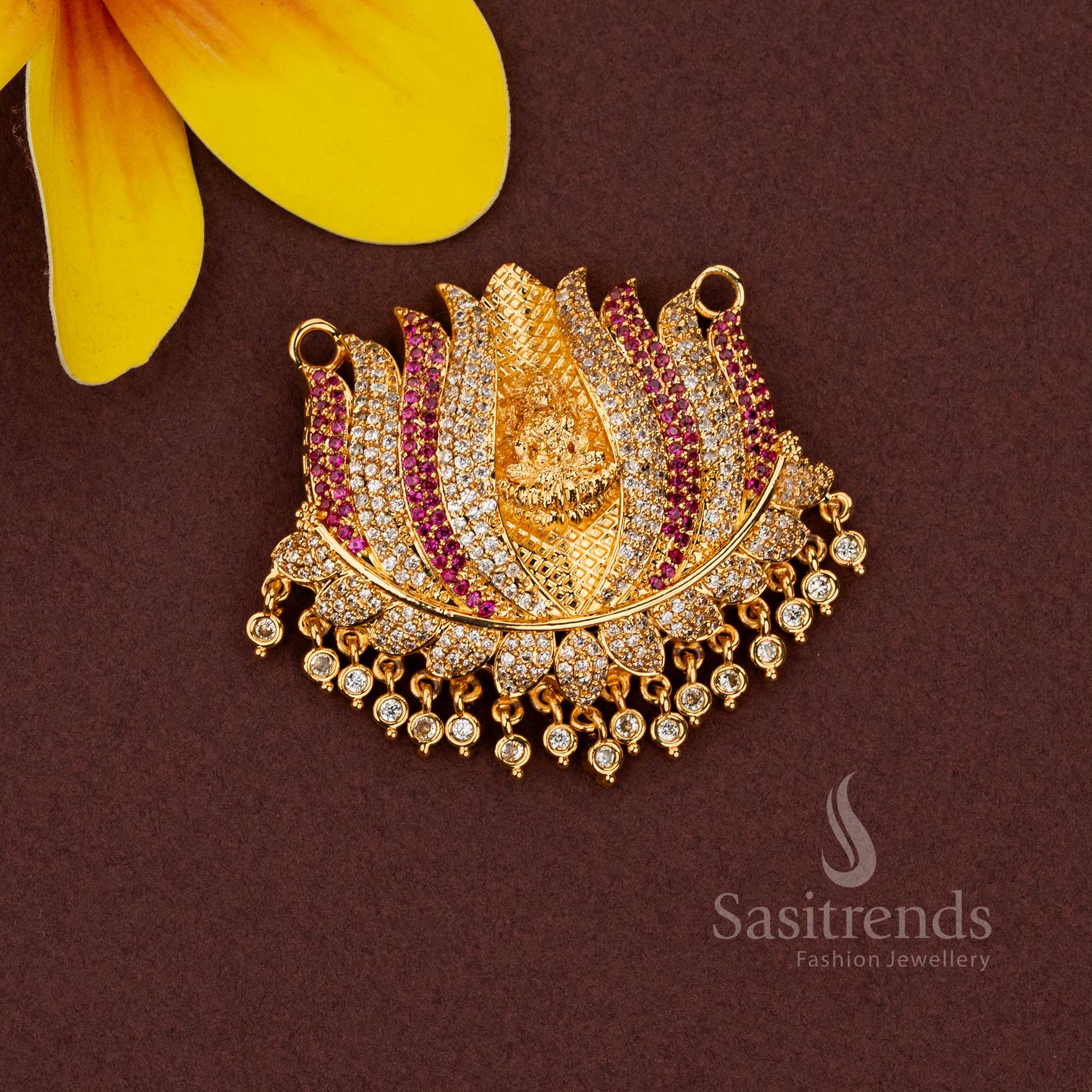 premium look micro gold plated lotus-shaped white ruby AD stone pendant with Lakshmi engraving, rich temple jewellery design for weddings, muhurtham, and festive occasions - Sasitrends