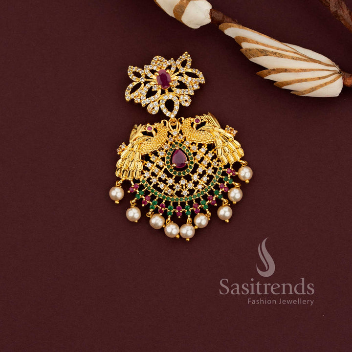 Amazing Micro Gold Plated Peacock Floral Center Pear Stone Pendant, Ruby Green Accents & Pearl Drops - Sasitrends