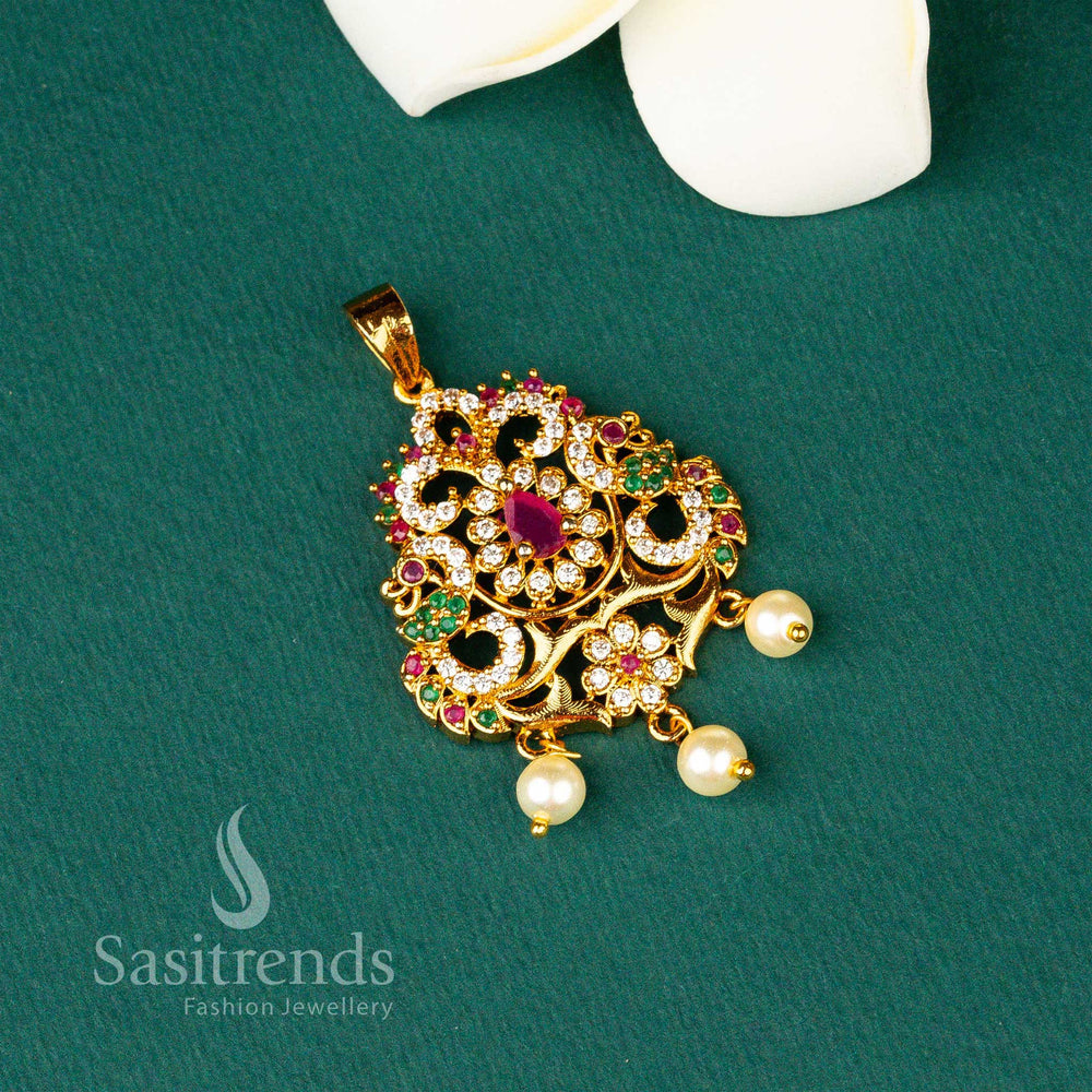 Temple Wear Matt Gold Plated Peacock Flower Designer AD Stone Small Pendant 