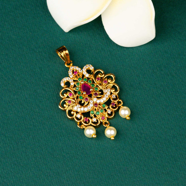 Attractive Matt Gold Plated Two Peacock Flower Designer AD Stone Small Pendant Sasitrends Online Shopping
