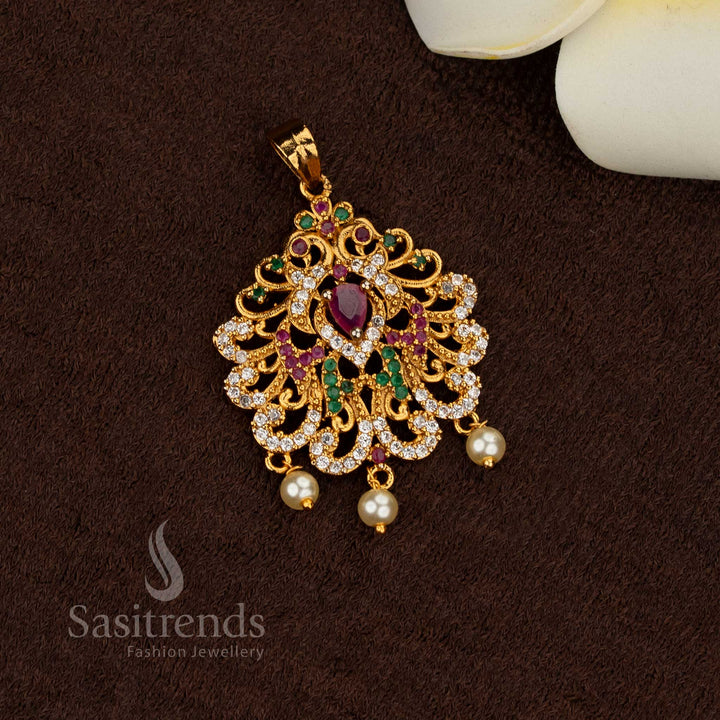 Traditional Wear Matt Gold Plated Floral dual peacock Designer multi AD Stone Small Pendant - Sasitrends