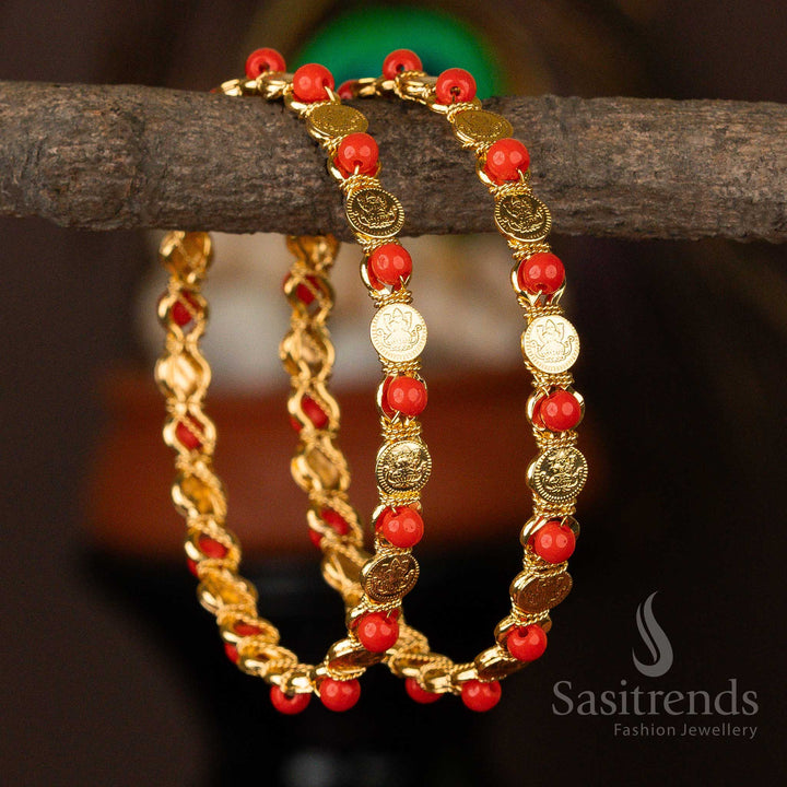 Royal Micro Gold Plated Lakshmi Bangles – Red Pavalam Stone Embellished Traditional Ethnic Jewellery for Women with Timeless Elegance - Sasitrends