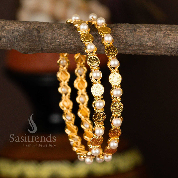 Micro Gold Plated Lakshmi Bangles with White Pavalam Stones – Premium Quality Ethnic Jewellery for Women with a Royal Touch - Sasitrends