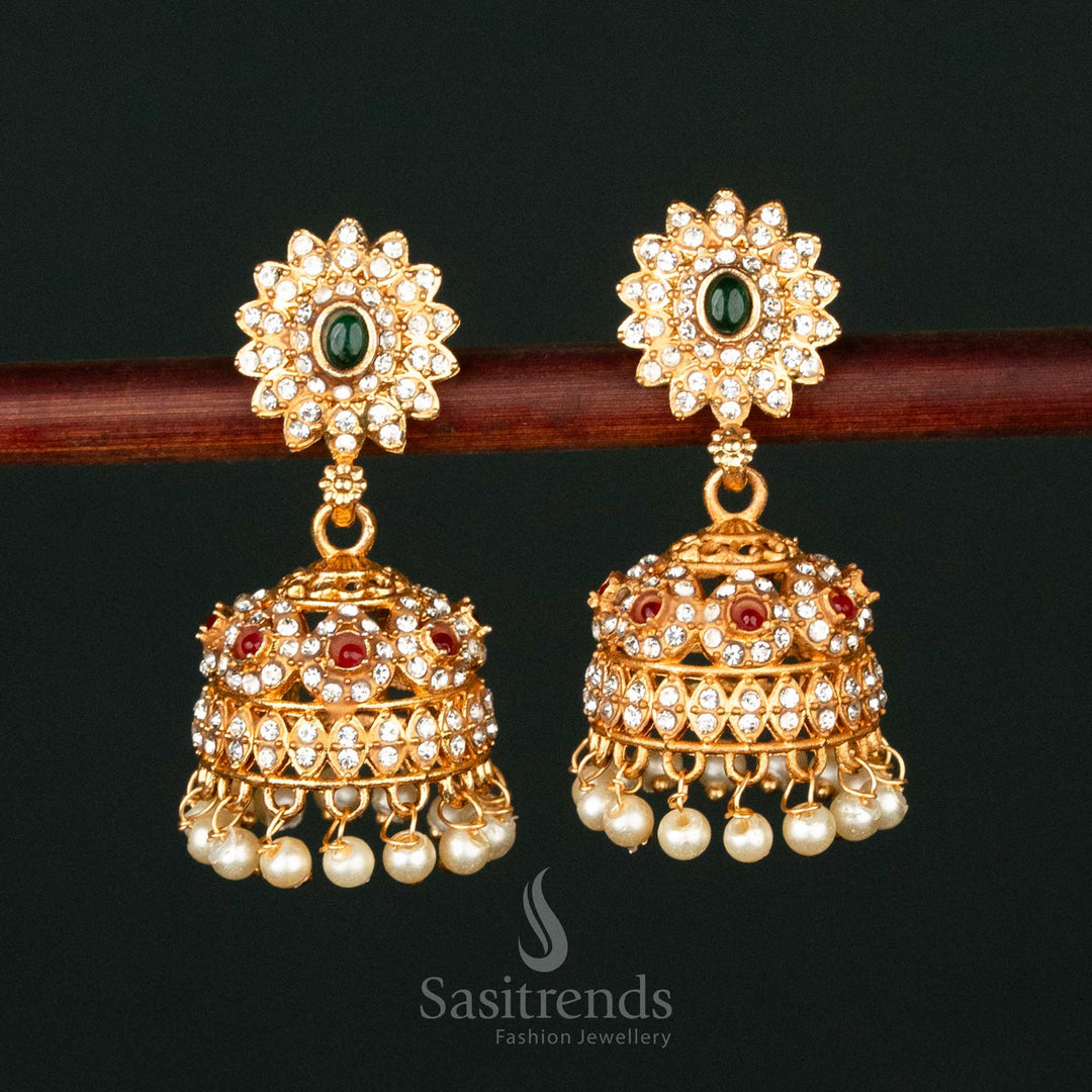 Elegant temple-style jhumkas with stone embellishments and intricate carvings - Sasitrends