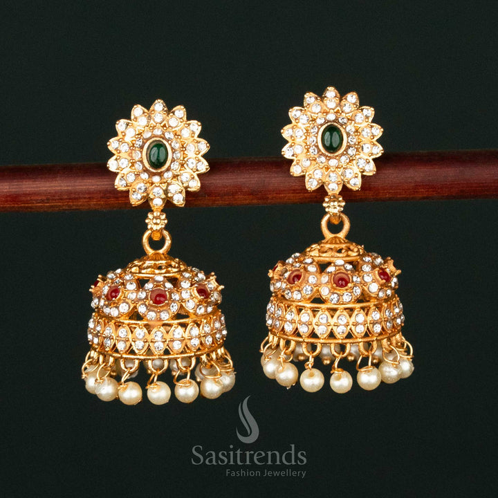 Stunning Classic Matte Gold-Plated Floral Jhumka Earrings with Pearl Hangings - Sasitrends