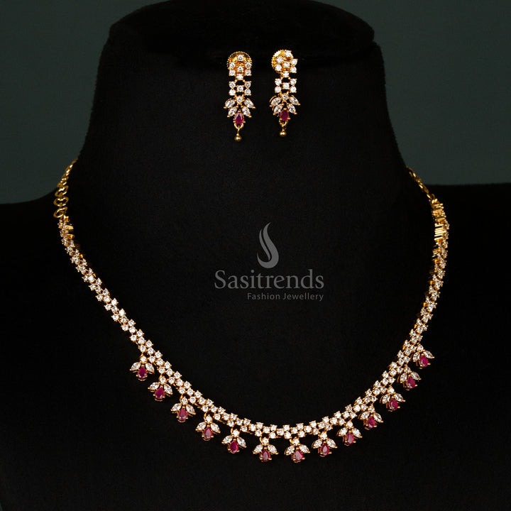 Exquisite American Diamond White-Ruby Stone Studded Micro Gold Plated Designer Necklace Set with Intricate Layered Design and Dangling Accents - Sasitrends