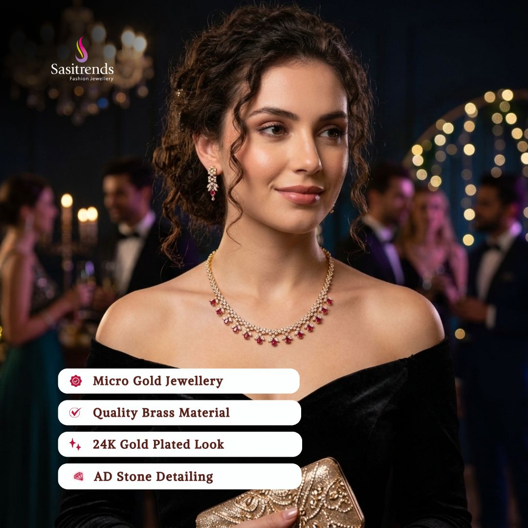 Engagement wear micro gold plated american diamond necklace set model image - Sasitrends