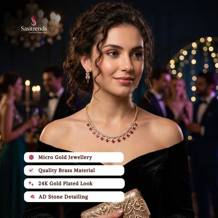 Engagement wear micro gold plated american diamond necklace set model image - Sasitrends