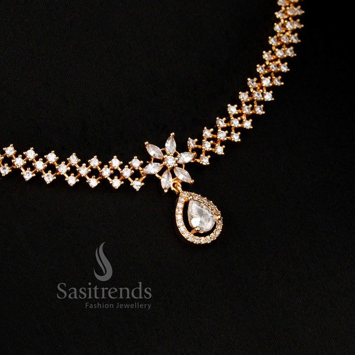 White micro gold plated necklace featuring AD stones and floral-inspired craftsmanship, elegant ethnic jewellery by sasitrends