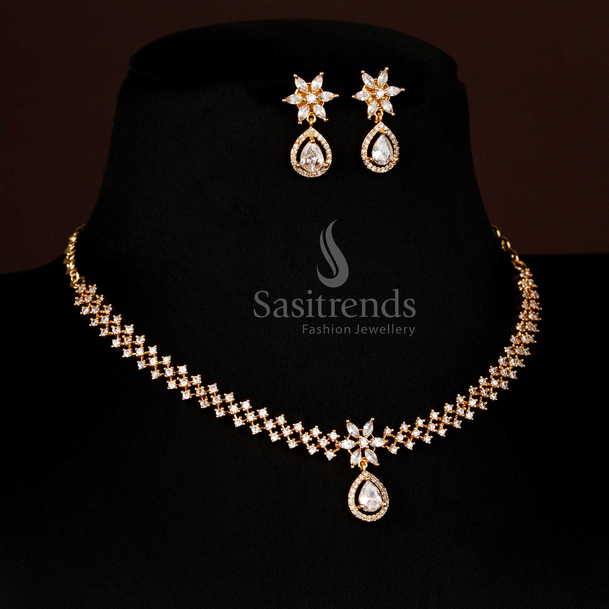 White micro gold plated necklace featuring AD stones and floral-inspired craftsmanship, elegant ethnic jewellery by sasitrends