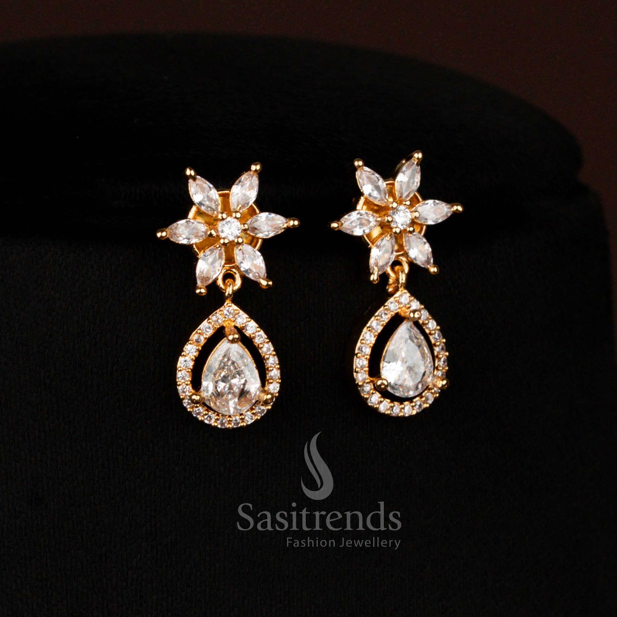 White micro gold plated necklace featuring AD stones and floral-inspired craftsmanship, elegant ethnic jewellery by sasitrends