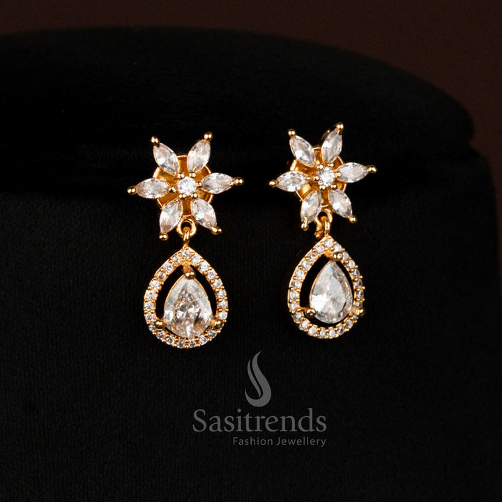 White micro gold plated necklace featuring AD stones and floral-inspired craftsmanship, elegant ethnic jewellery by sasitrends