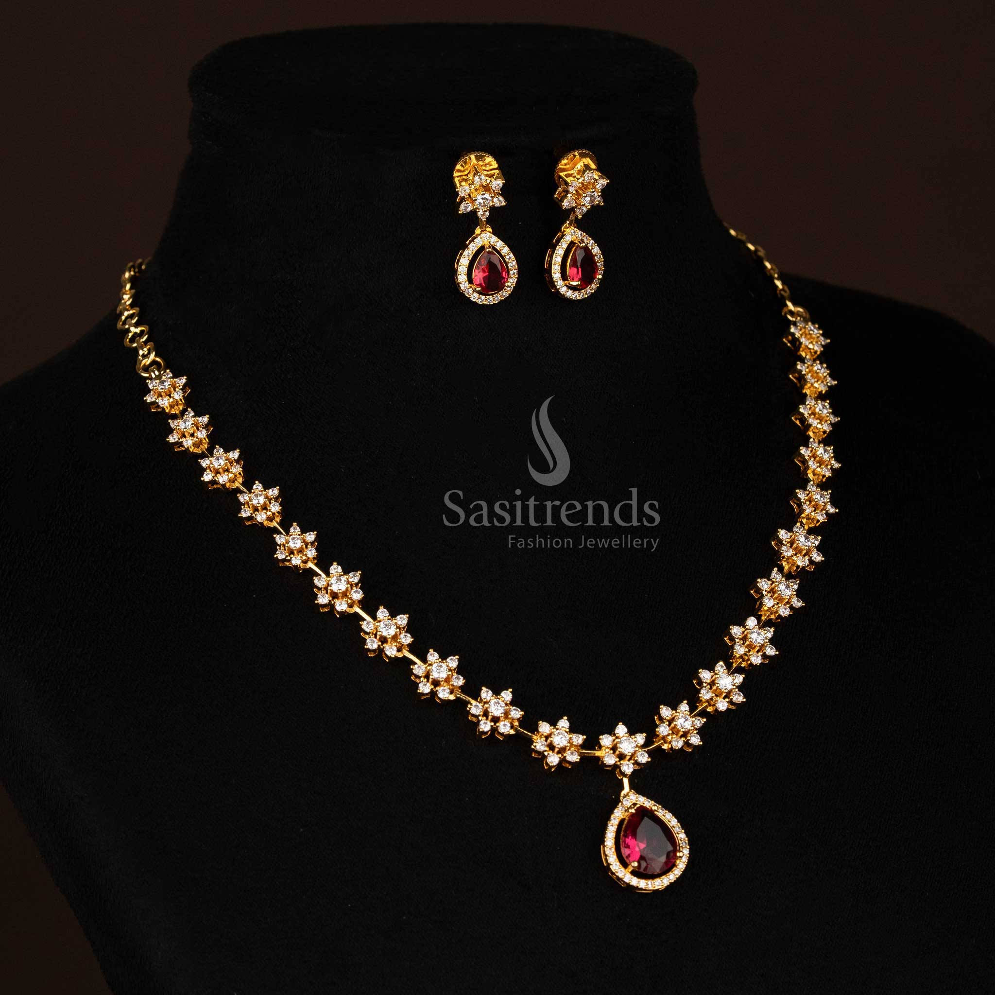 Micro Gold Plated American Diamond Floral Jewellery Set - Sasitrends