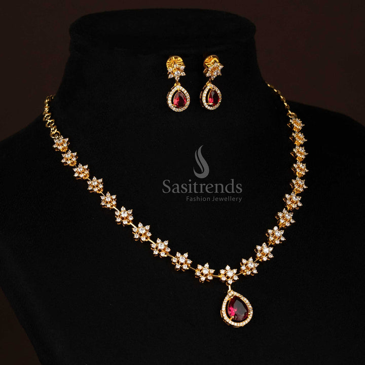 Gorgeous American Diamond Stone Studded Micro Gold Plated Floral Drop Jewellery Set - Sasitrends