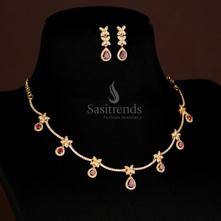 Stylish American Diamond Micro Gold Plated Necklace Jewellery Set - Real Diamond Look