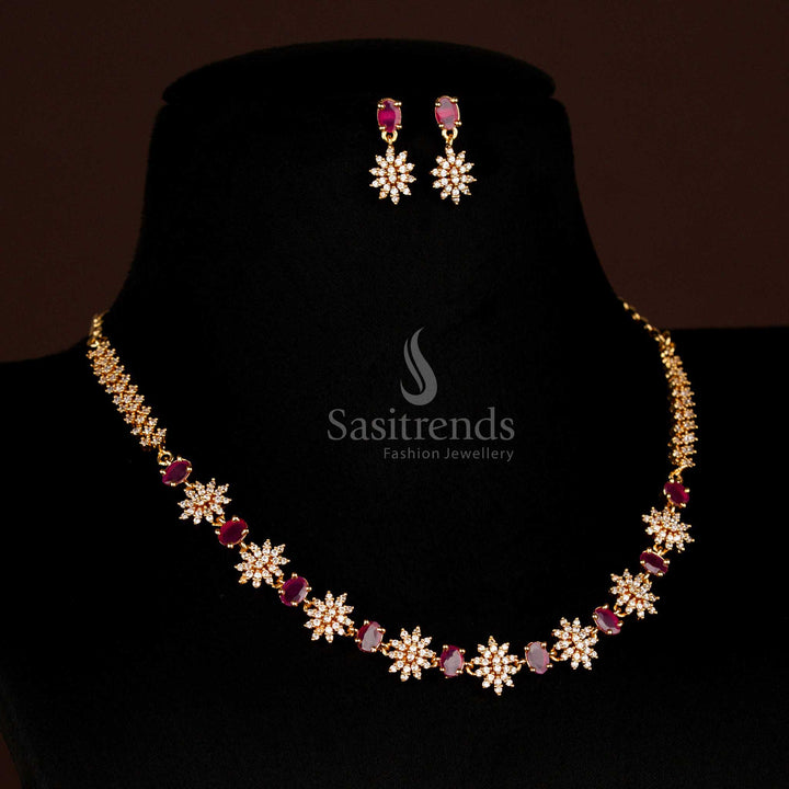 Micro Gold Plated American Diamond Floral Necklace Set with Oval Stones | Traditional Design