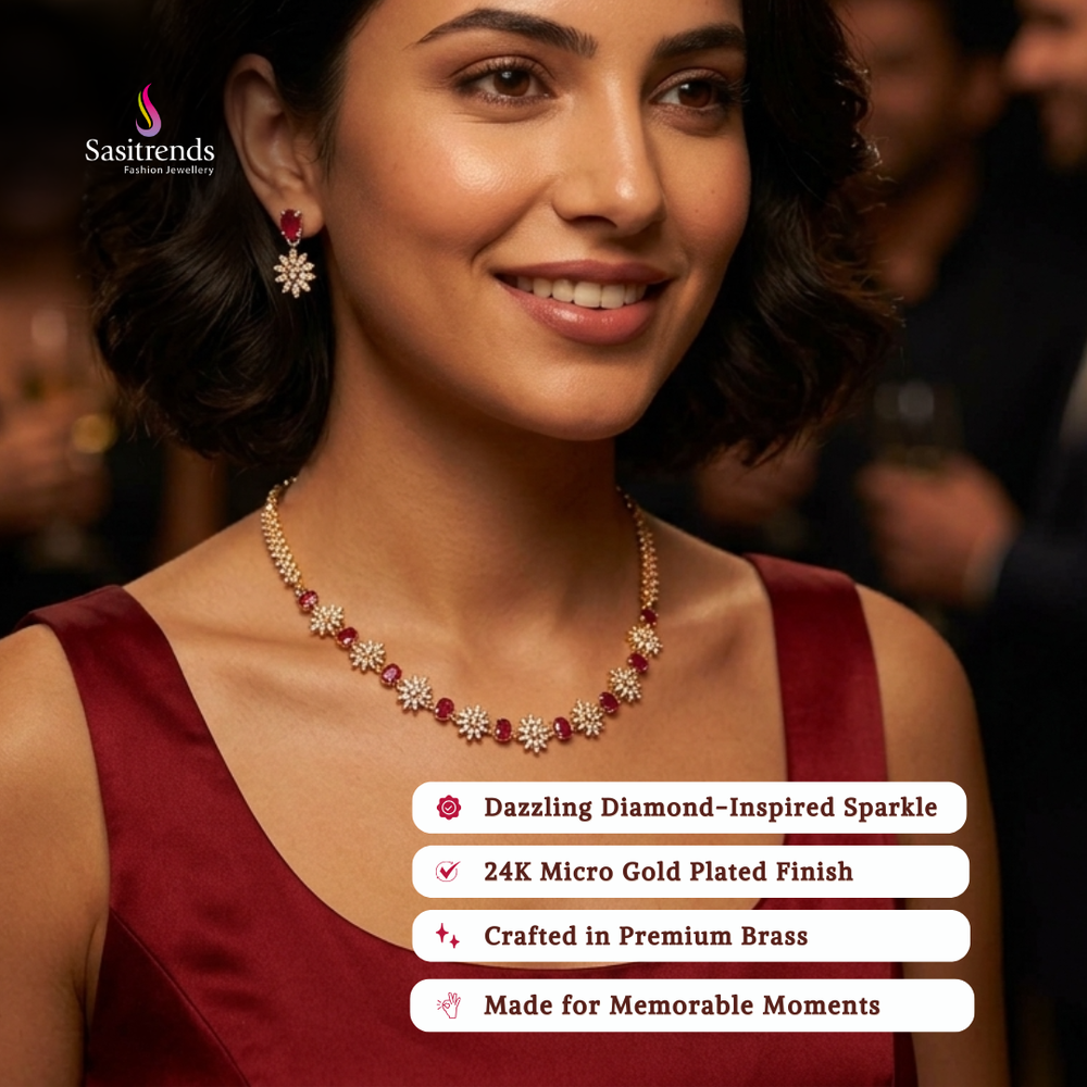 Engagement wear micro gold plated american diamond necklace set review image - Sasitrends