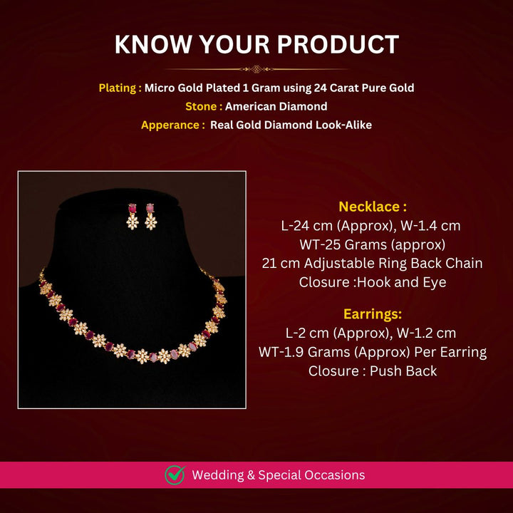 Micro Gold plated americon daimond necklace set measurement image - Sasitrends