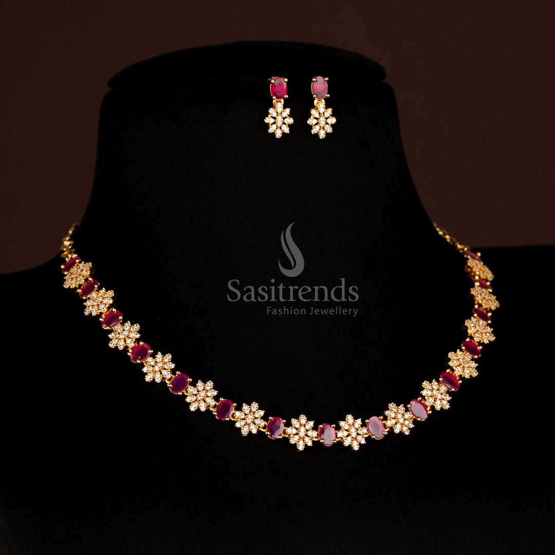 Graceful guaranteed micro gold plated American diamond floral necklace set featuring luminous white and ruby oval stones for exquisite designer jewellery – Sasitrends