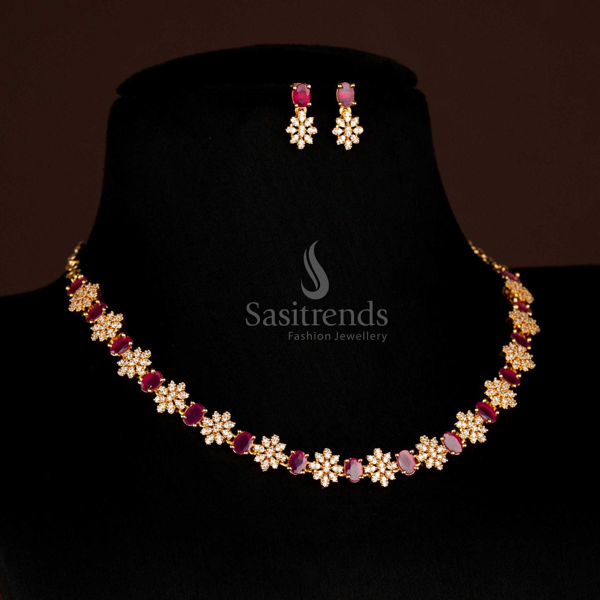 Graceful guaranteed micro gold plated American diamond floral necklace set featuring luminous white and ruby oval stones for exquisite designer jewellery – Sasitrends