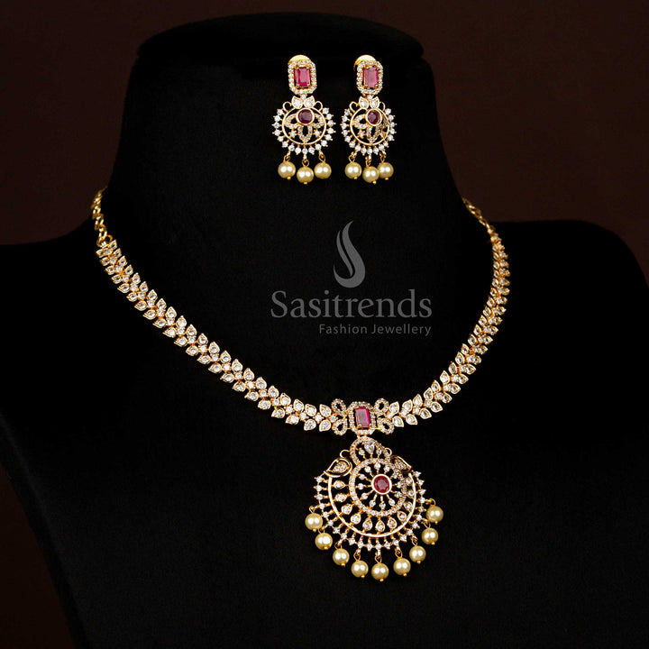 Grand white-ruby micro gold plated necklace set with Round floral pendant  leaf pattern , embellished with American Diamond stones for an elegant festive look - Sasitrends