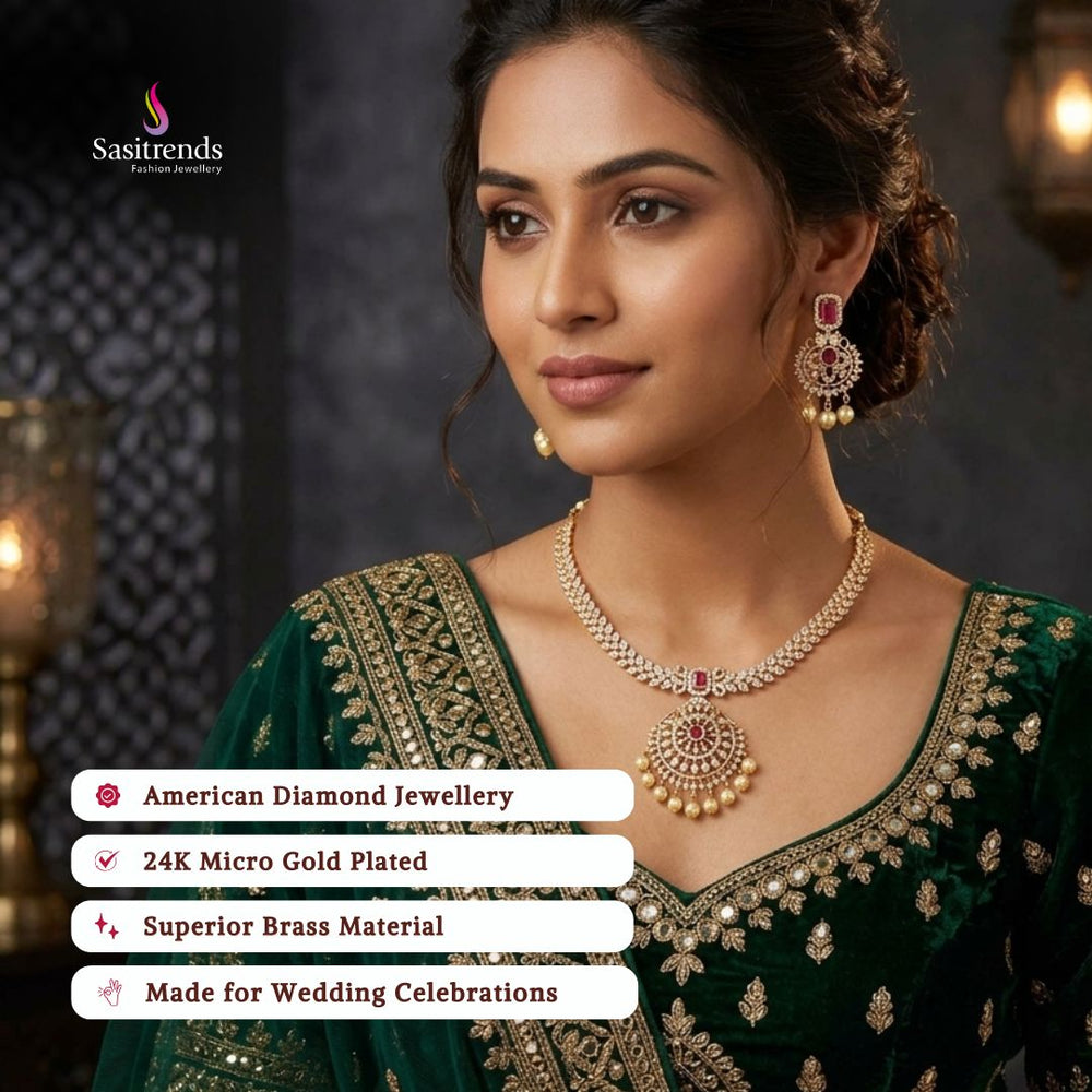 Engagement wear micro gold plated american diamond necklace set review image - Sasitrends