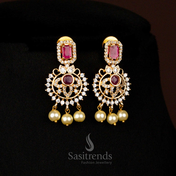 Grand white-ruby micro gold plated necklace set with Round floral pendant  leaf pattern , embellished with American Diamond stones for an elegant festive look - Sasitrends