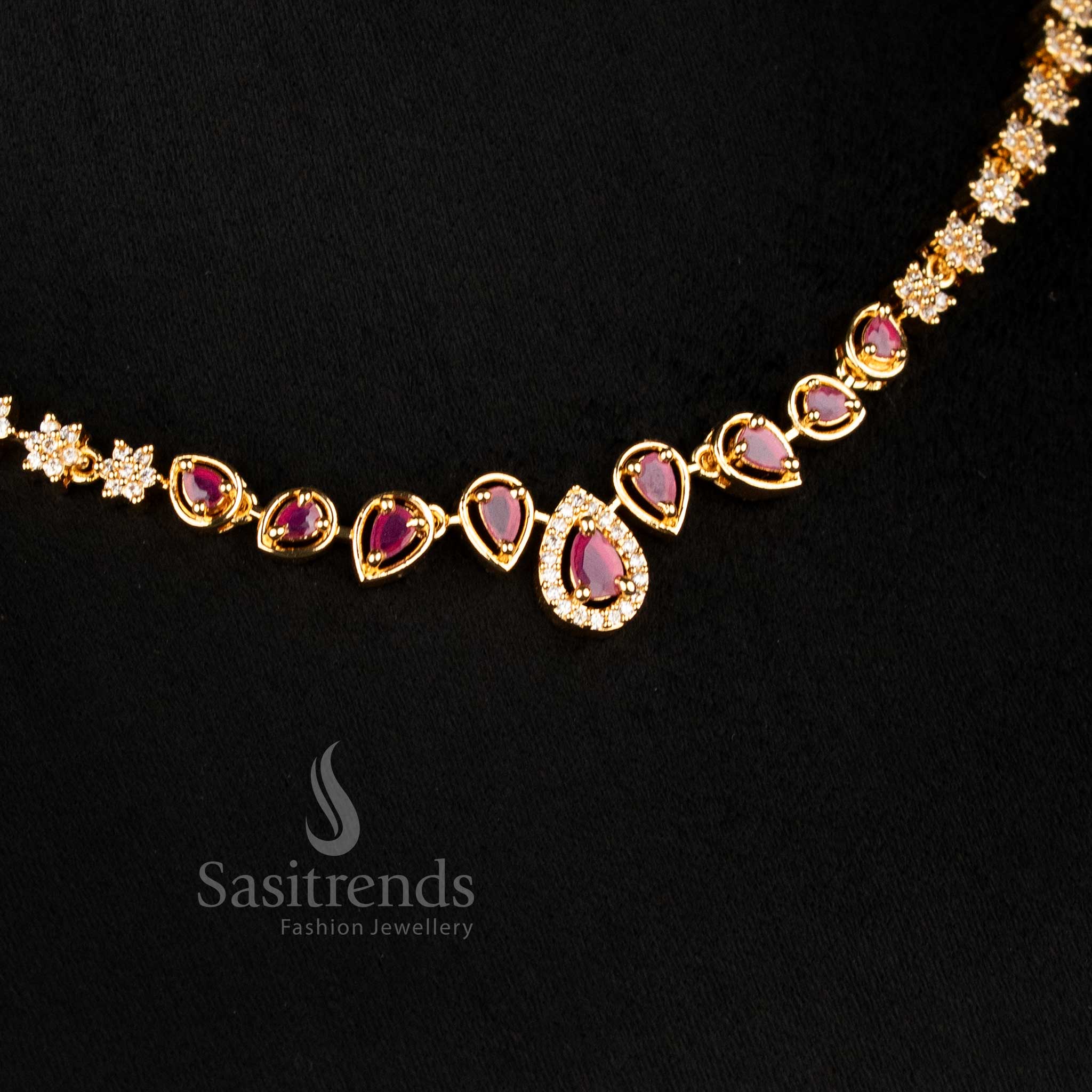Exquisite White-Ruby American Diamond Teardrop Floral Necklace, A Masterpiece of Traditional Craftsmanship for Wedding and Festive Jewellery – Sasitrends