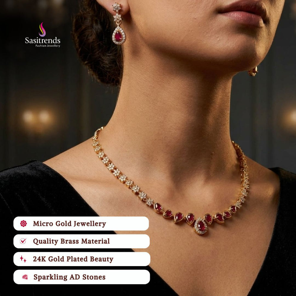 Engagement wear micro gold plated american diamond necklace set review image - Sasitrends