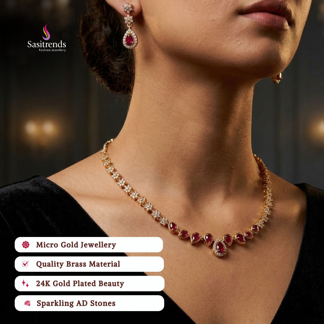 Engagement wear micro gold plated american diamond necklace set review image - Sasitrends