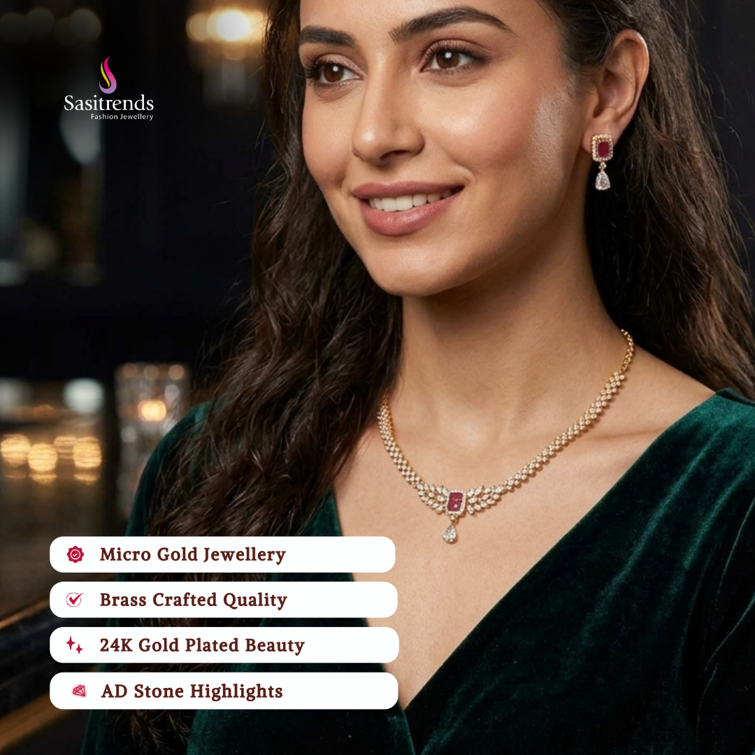 Engagement wear micro gold plated american diamond necklace set review image - Sasitrends