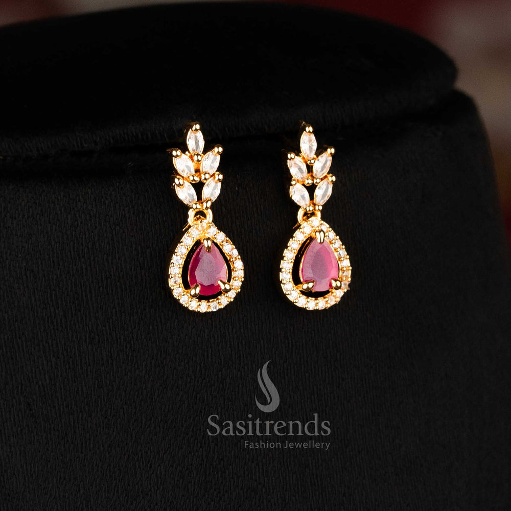 Elegant American diamond necklace with pear shaped ruby stones and leaf design links 