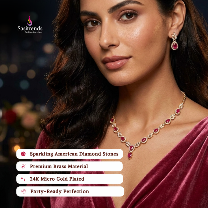 Engagement wear micro gold plated american diamond necklace set review image - Sasitrends